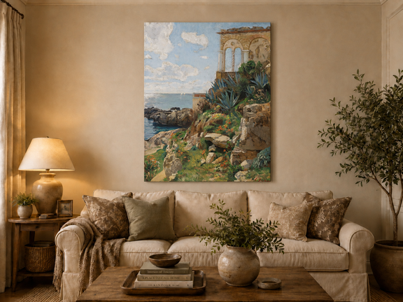 Hand-painted Mediterranean coastal ruins with arch and succulents landscape oil painting displayed above a sofa in a living room interior.