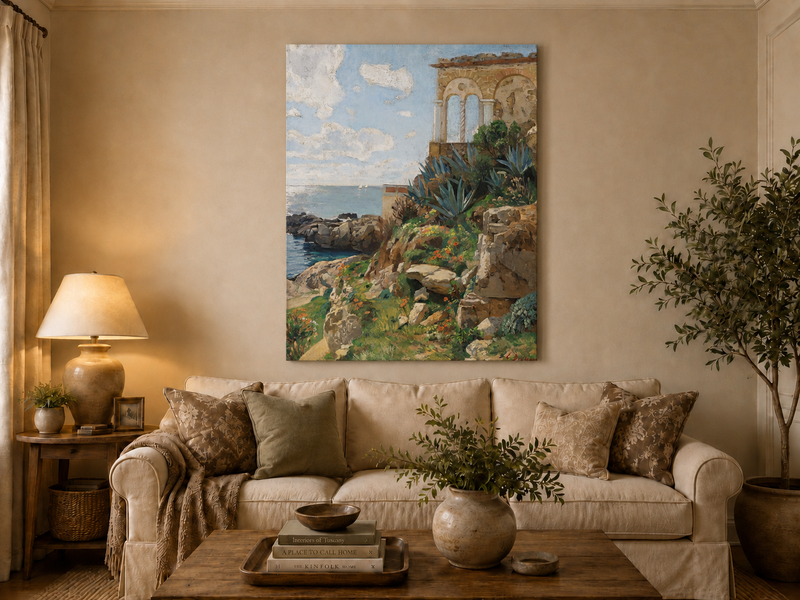 Hand-painted Mediterranean coastal ruins with arch and succulents landscape oil painting displayed above a sofa in a living room interior.