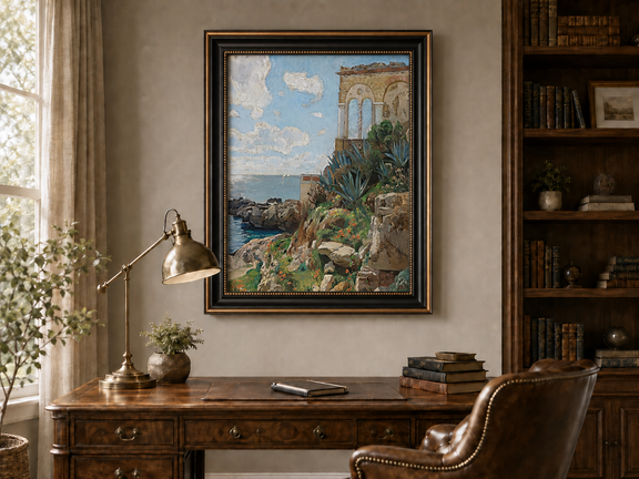 Hand-painted Mediterranean coastal ruins with arch and succulents landscape oil painting displayed above a desk in a home office interior.
