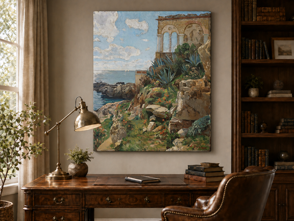 Hand-painted Mediterranean coastal ruins with arch and succulents landscape oil painting displayed above a desk in a home office interior.