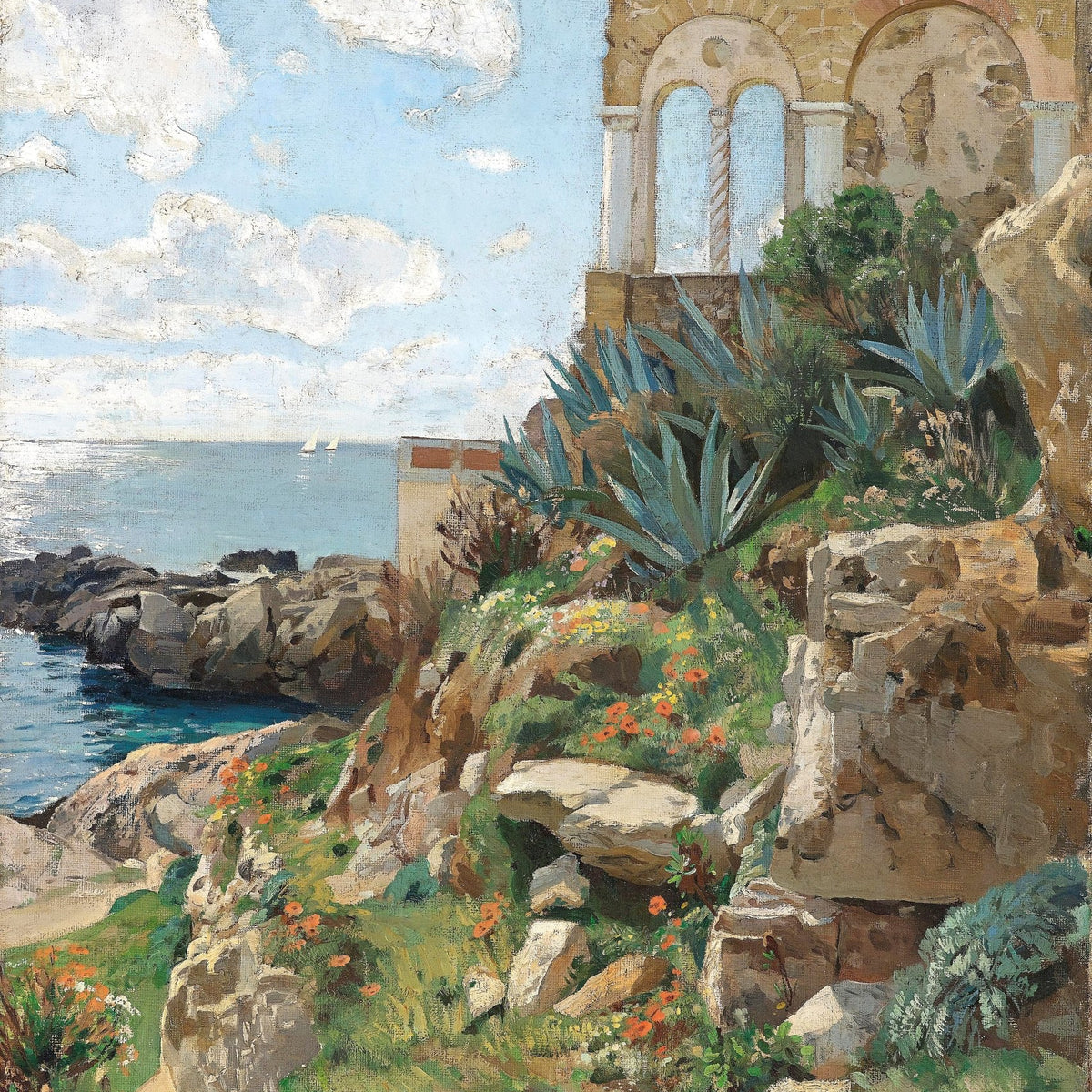 Landscape Oil Painting - Mediterranean Coastal: Ruined Arch, Succulents - Oil Painting Haven
