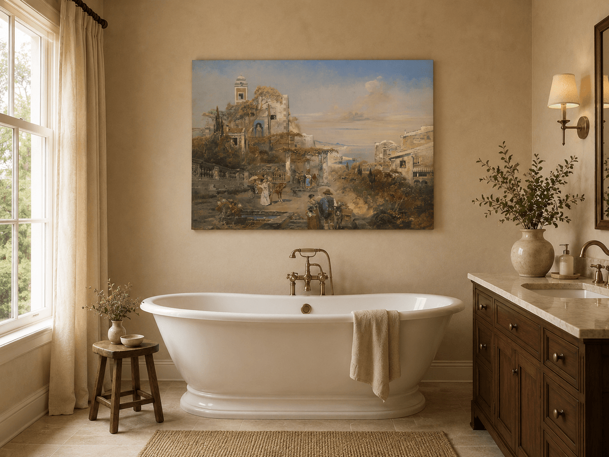 Landscape Oil Painting - Mediterranean Coastal Town & Seaside
