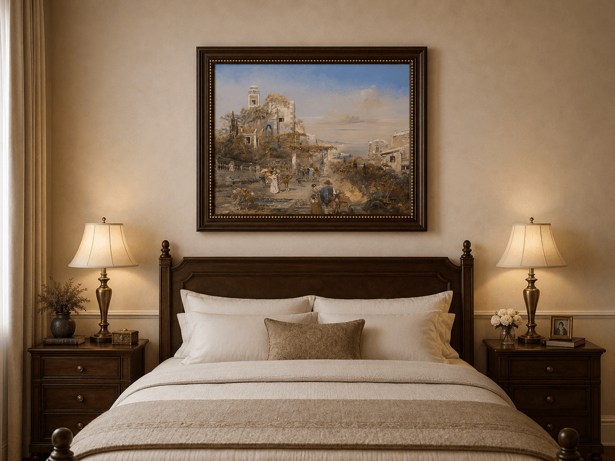 Landscape Oil Painting - Mediterranean Coastal Town & Seaside