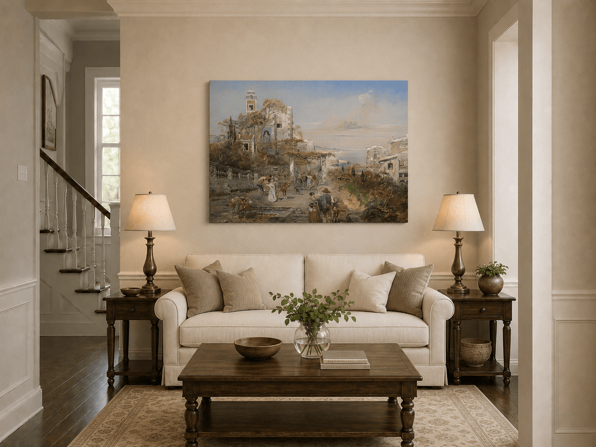 Landscape Oil Painting - Mediterranean Coastal Town & Seaside