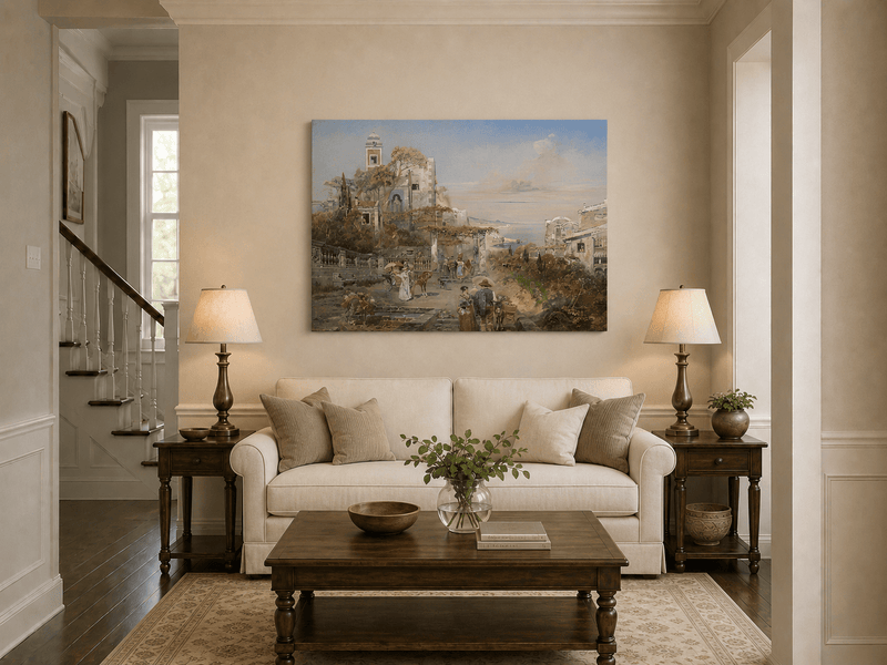 Landscape Oil Painting - Mediterranean Coastal Town & Seaside