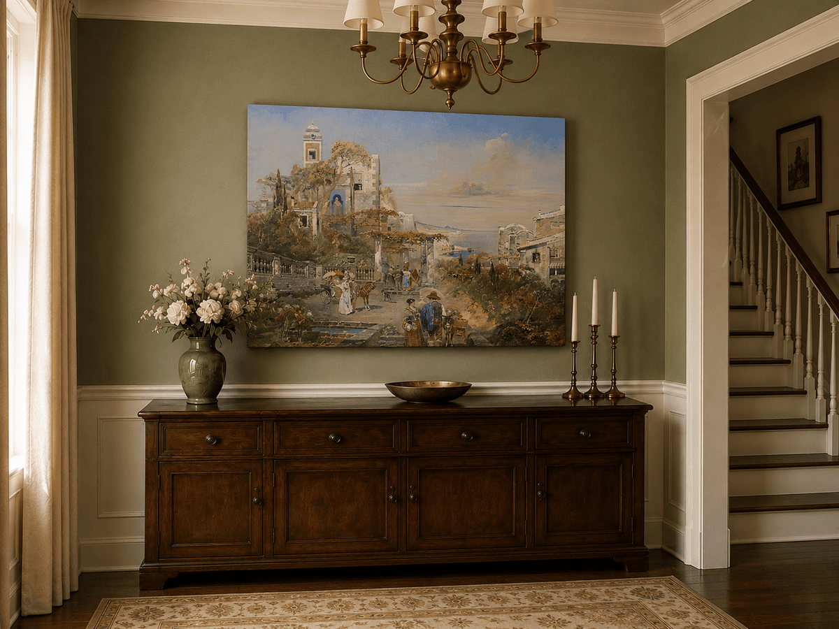 Landscape Oil Painting - Mediterranean Coastal Town & Seaside