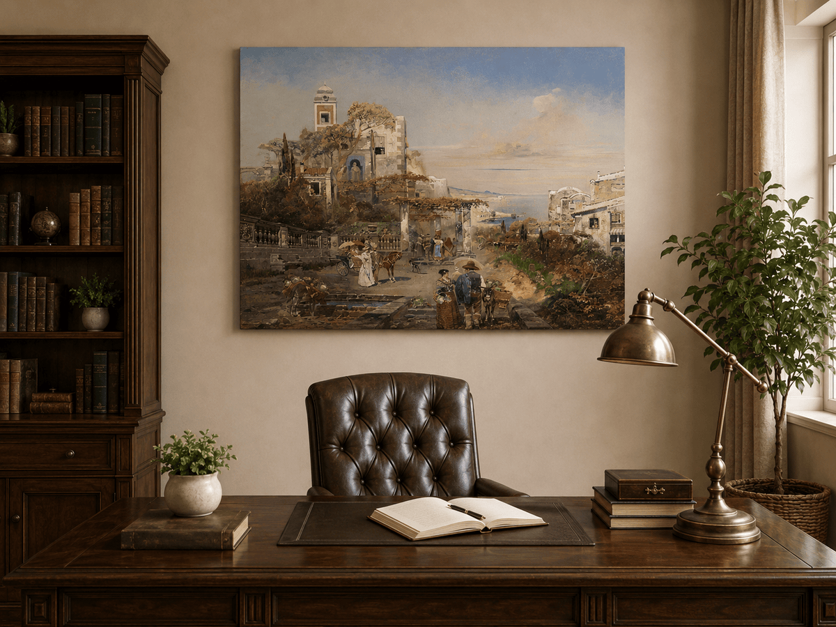 Landscape Oil Painting - Mediterranean Coastal Town & Seaside