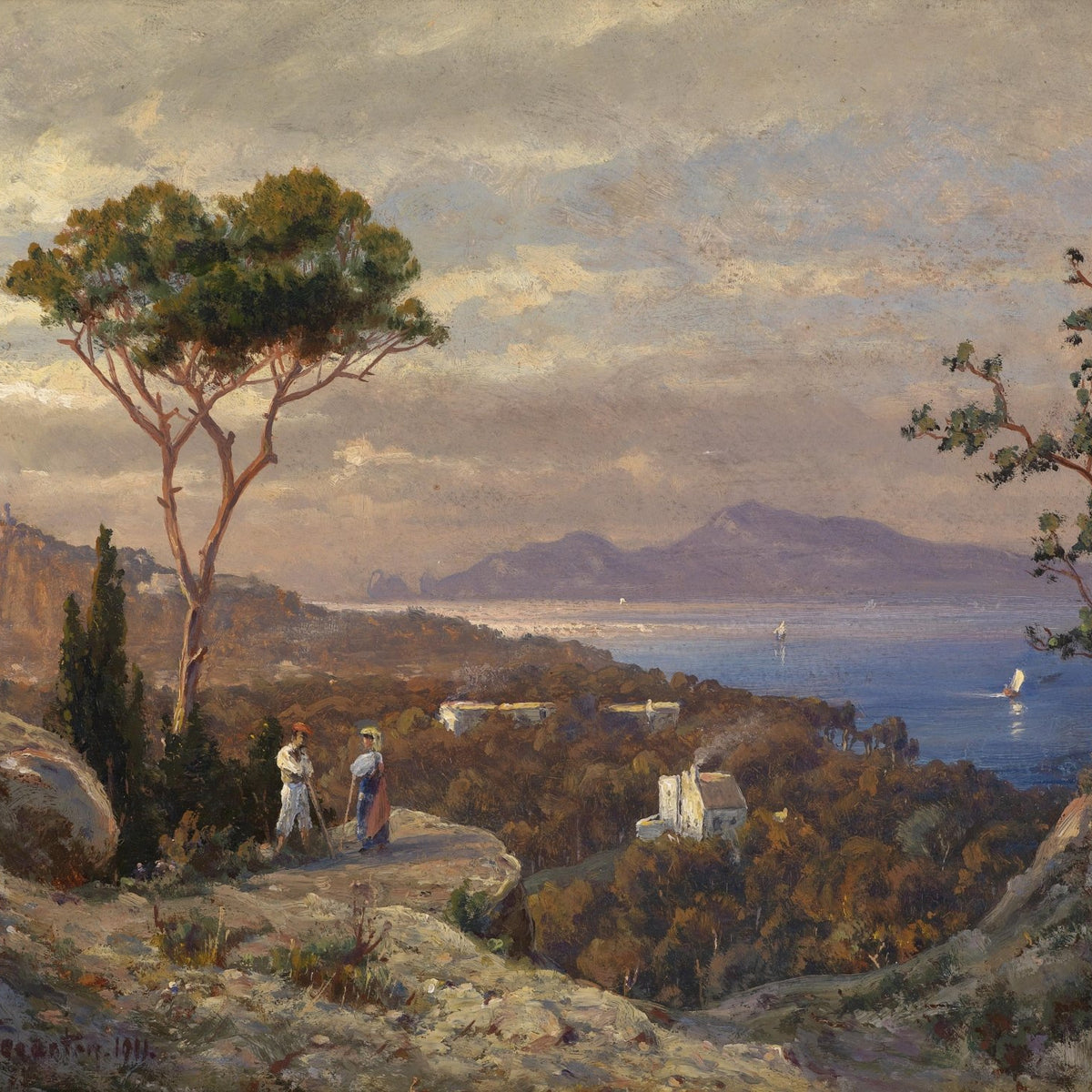 Landscape Oil Painting - Mediterranean Coastal View: Pine Tree, Figures & Sailboats - Oil Painting Haven