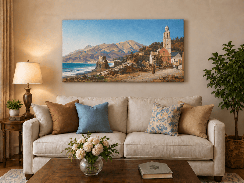 Landscape Oil Painting - Mediterranean Coastal Village, Church