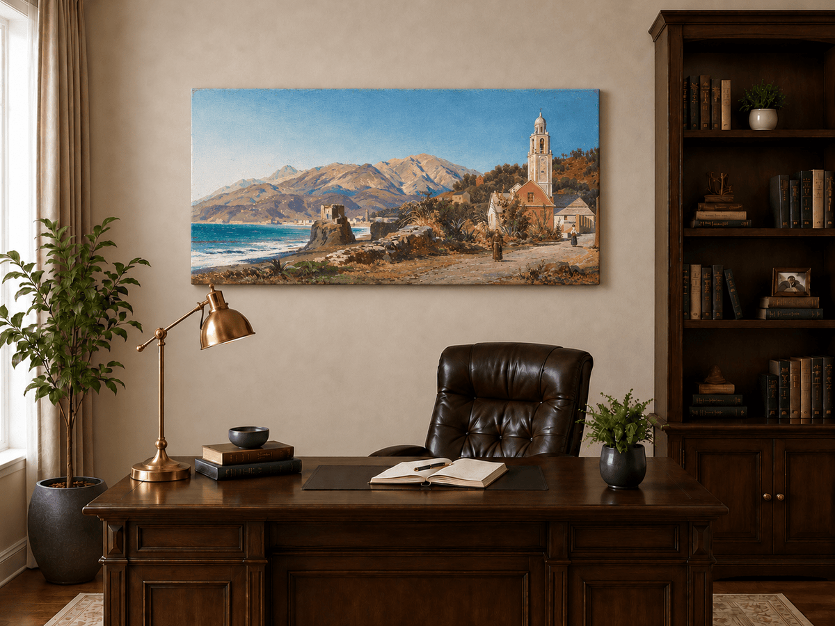 Landscape Oil Painting - Mediterranean Coastal Village, Church