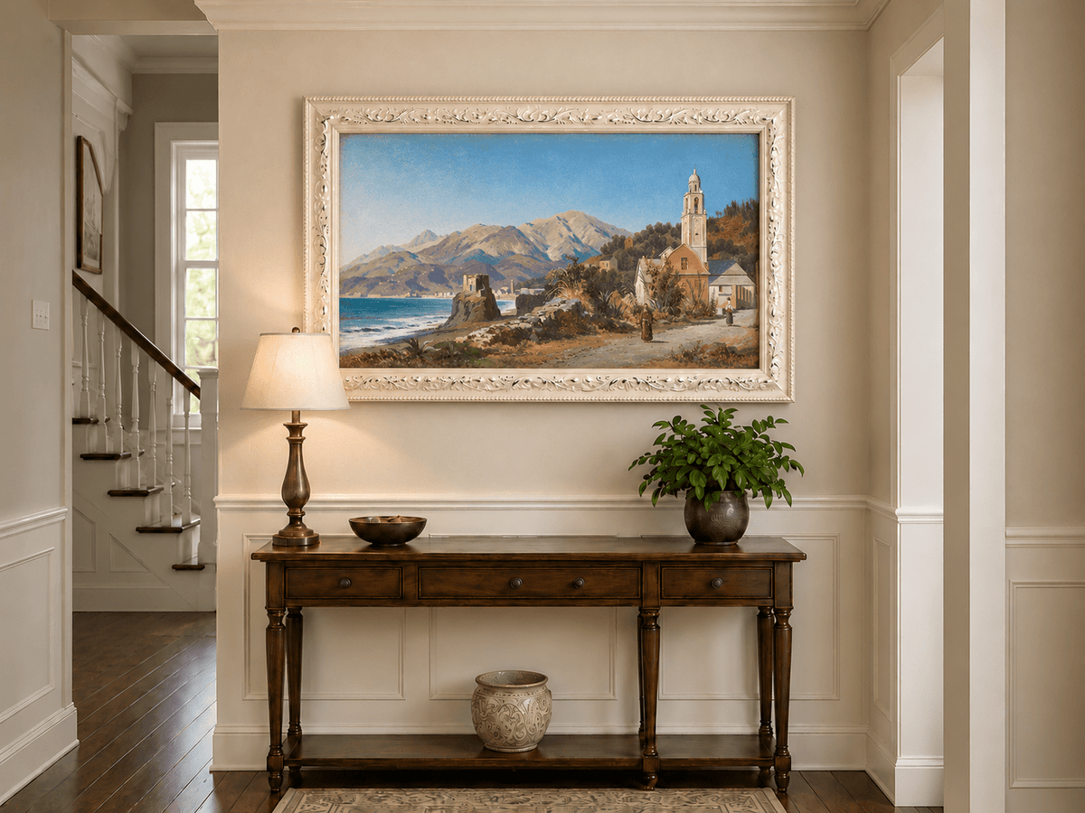 Landscape Oil Painting - Mediterranean Coastal Village, Church