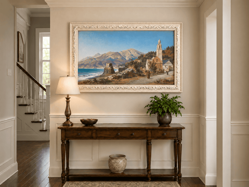 Landscape Oil Painting - Mediterranean Coastal Village, Church
