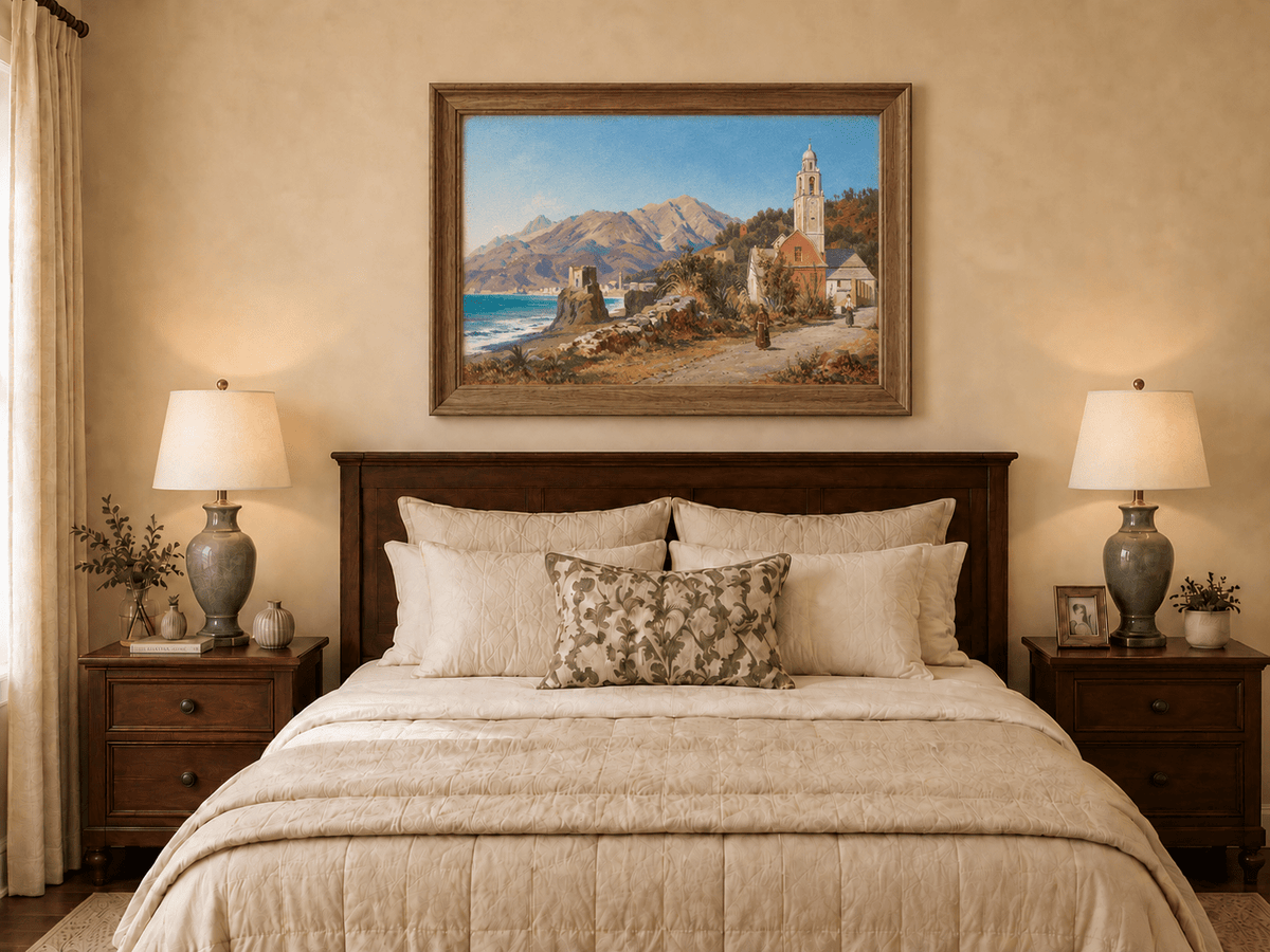 Landscape Oil Painting - Mediterranean Coastal Village, Church