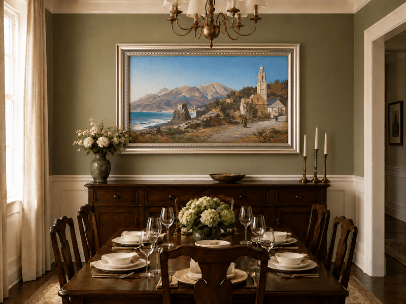 Landscape Oil Painting - Mediterranean Coastal Village, Church