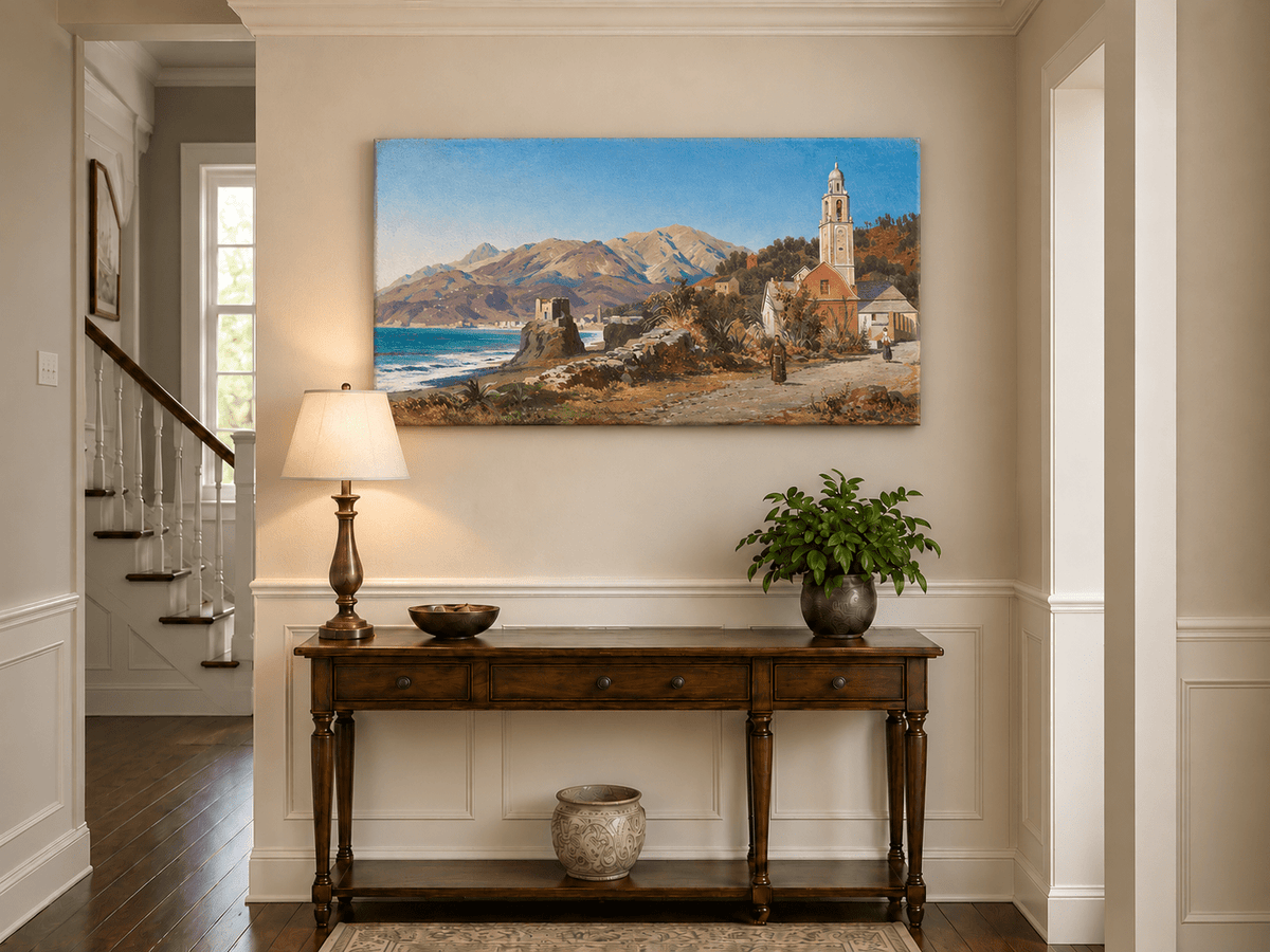 Landscape Oil Painting - Mediterranean Coastal Village, Church