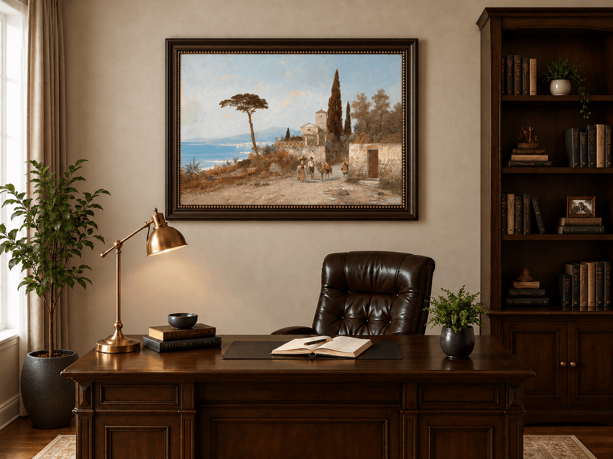 Landscape Oil Painting - Mediterranean Coastal Village, Cypresses