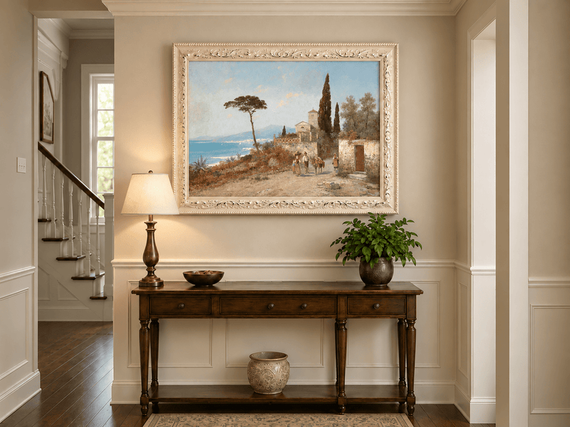 Landscape Oil Painting - Mediterranean Coastal Village, Cypresses
