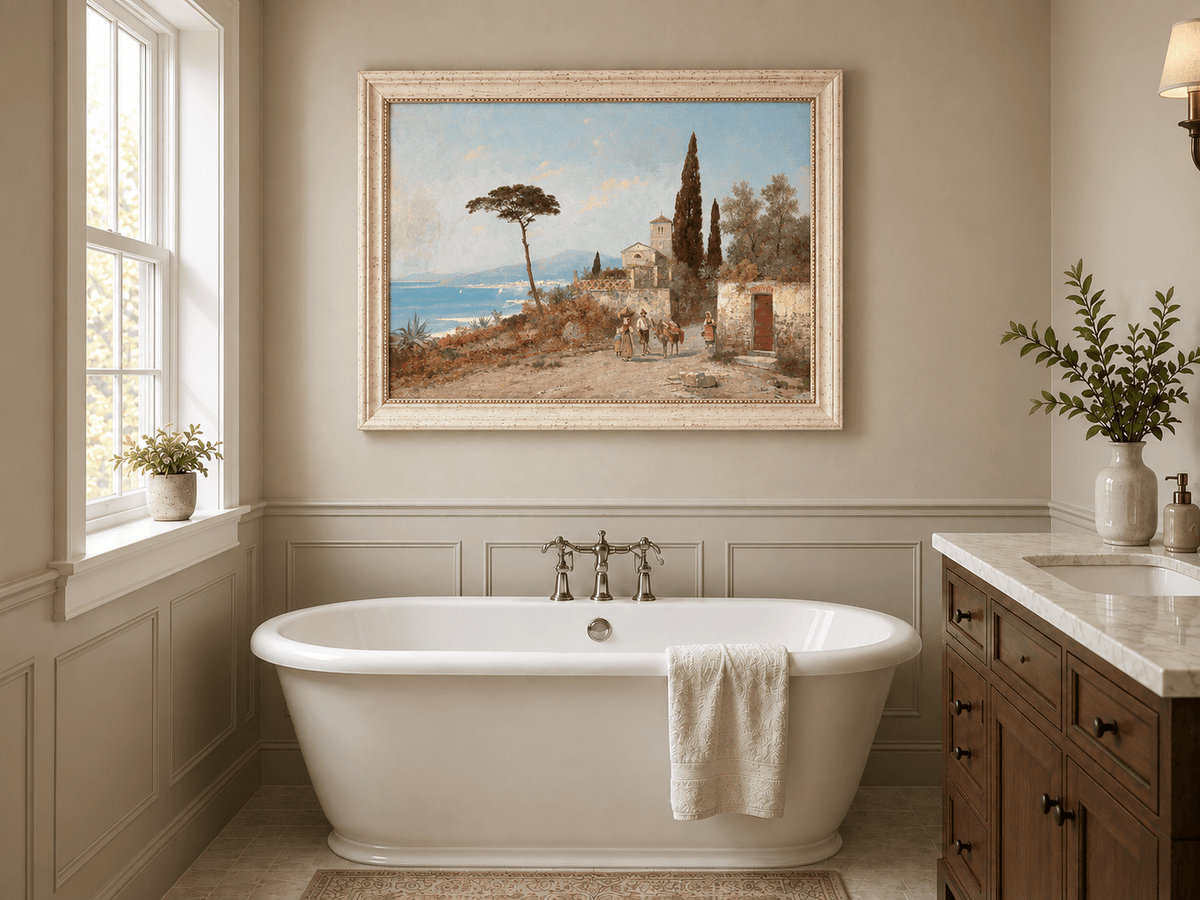 Landscape Oil Painting - Mediterranean Coastal Village, Cypresses