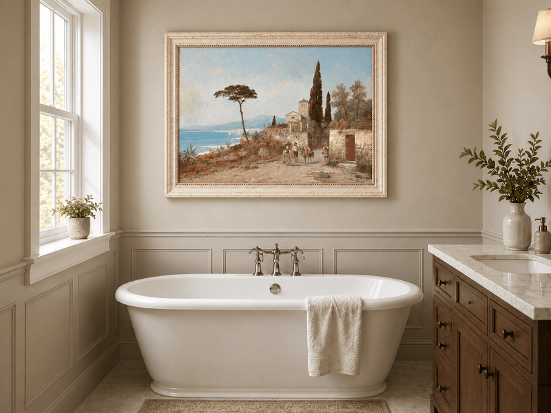 Landscape Oil Painting - Mediterranean Coastal Village, Cypresses