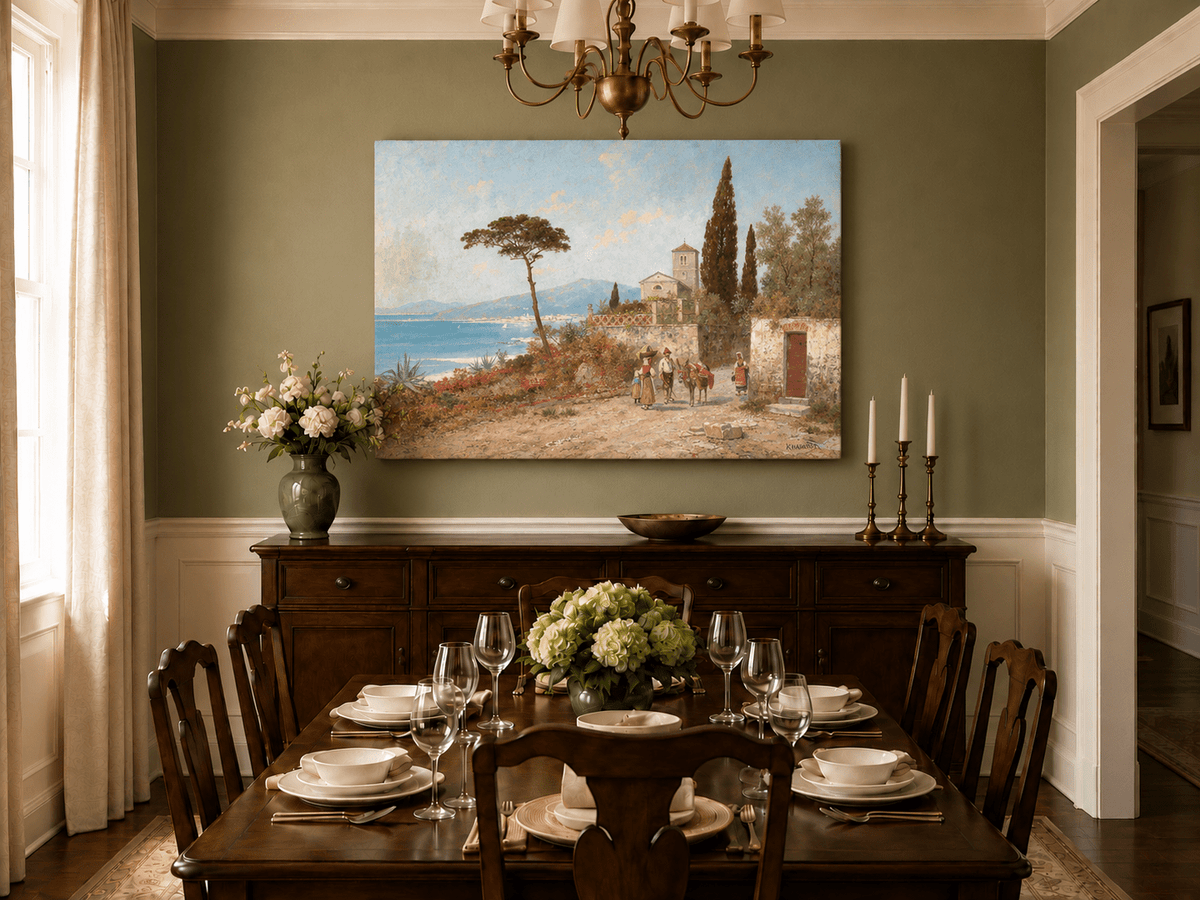 Landscape Oil Painting - Mediterranean Coastal Village, Cypresses