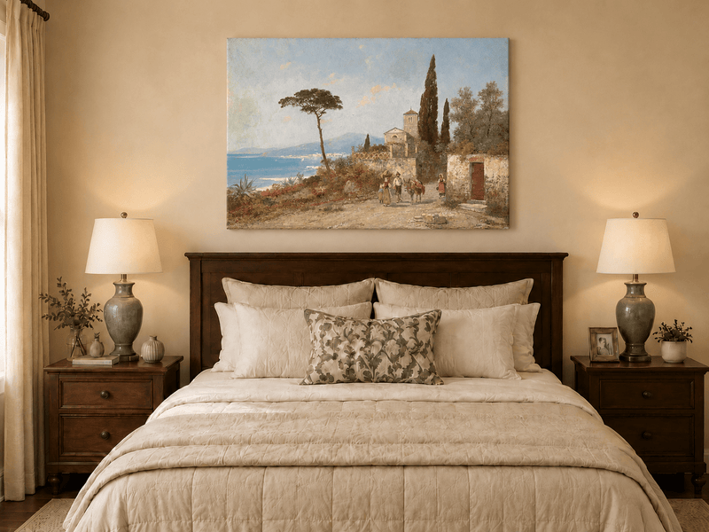 Landscape Oil Painting - Mediterranean Coastal Village, Cypresses