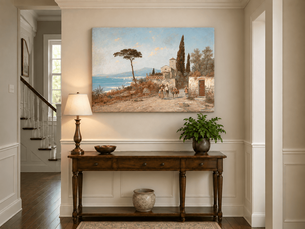 Landscape Oil Painting - Mediterranean Coastal Village, Cypresses