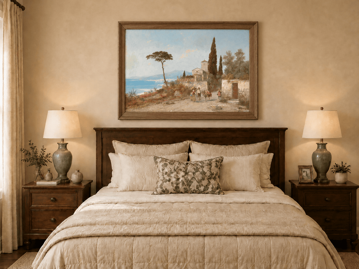 Landscape Oil Painting - Mediterranean Coastal Village, Cypresses