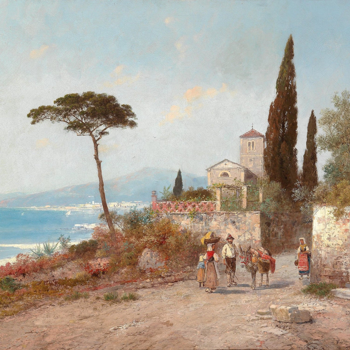 Landscape Oil Painting - Mediterranean Coastal Village, Cypresses - Oil Painting Haven
