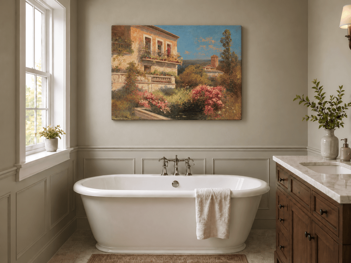 Landscape Oil Painting - Mediterranean Garden Balcony
