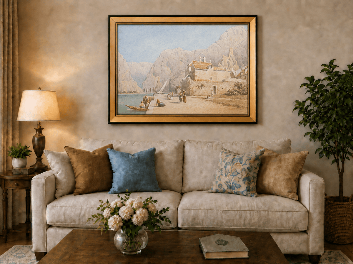 Landscape Oil Painting - Mediterranean Harbor Village