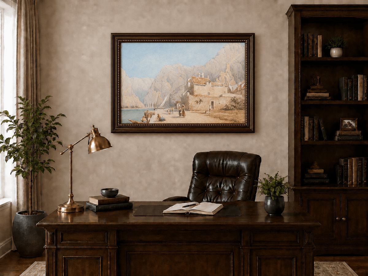 Landscape Oil Painting - Mediterranean Harbor Village