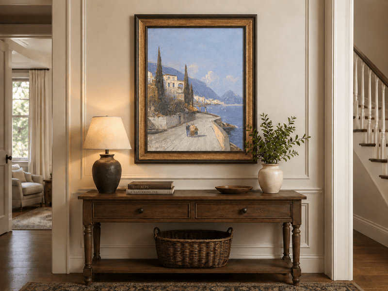 Peinture à l'huile de paysage - Rivière printanière avec pêcheur et arbres