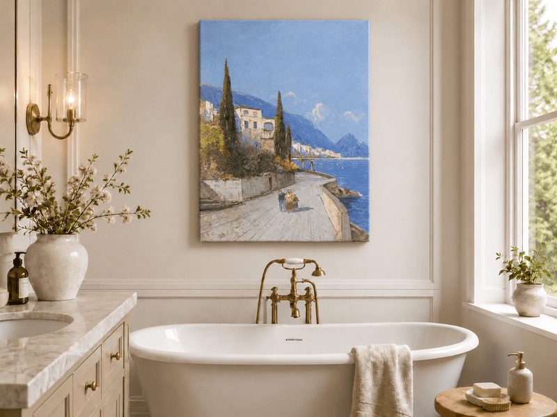 Peinture à l'huile de paysage - Rivière printanière avec pêcheur et arbres
