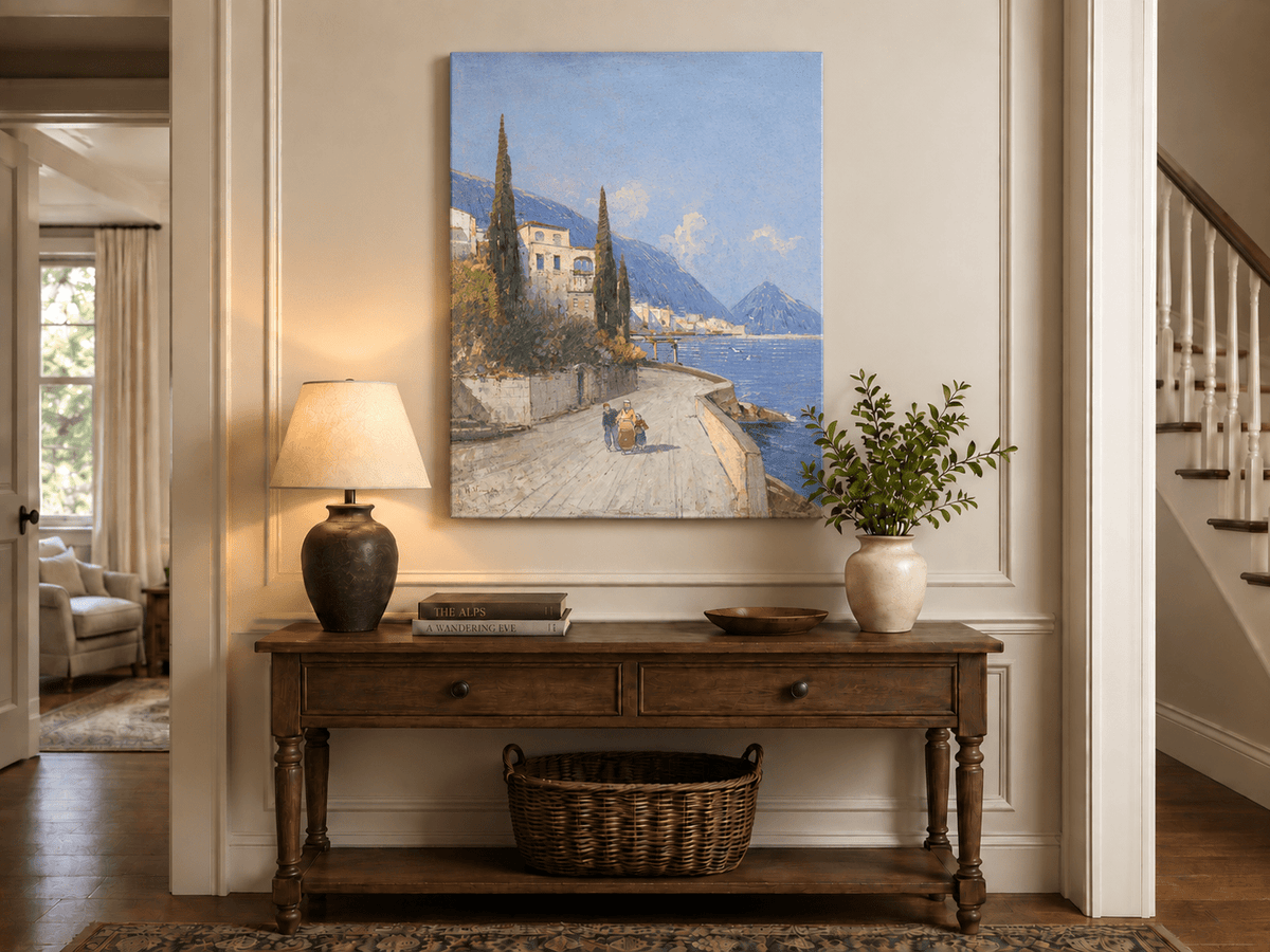 Peinture à l'huile de paysage - Rivière printanière avec pêcheur et arbres