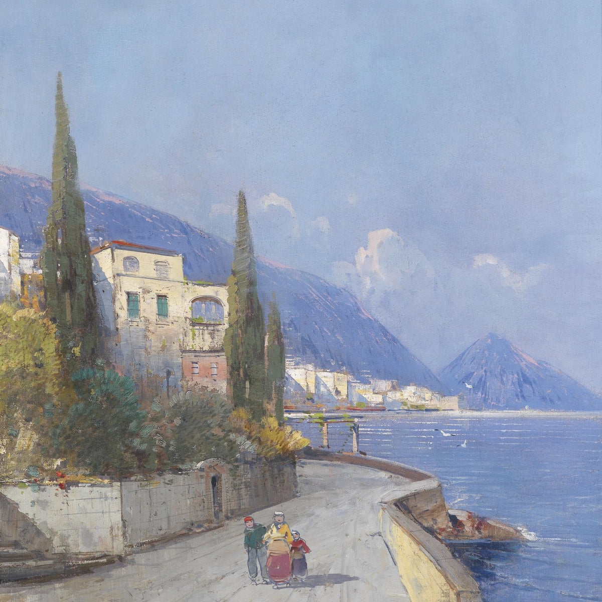 Hand-painted mediterranean lakeside promenade view landscape oil painting on canvas