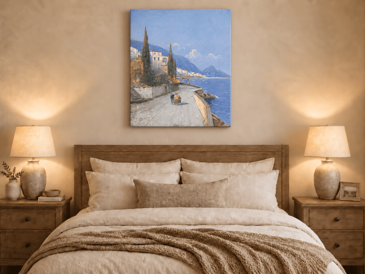 Peinture à l'huile de paysage - Rivière printanière avec pêcheur et arbres