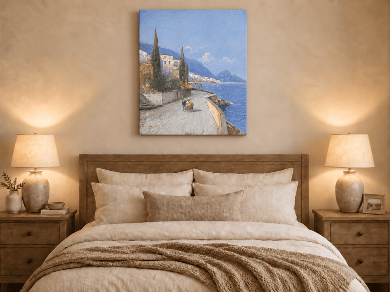 Peinture à l'huile de paysage - Rivière printanière avec pêcheur et arbres
