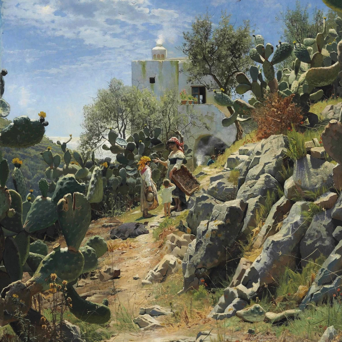 Landscape Oil Painting - Mediterranean Rural, Cacti & White Building - Oil Painting Haven