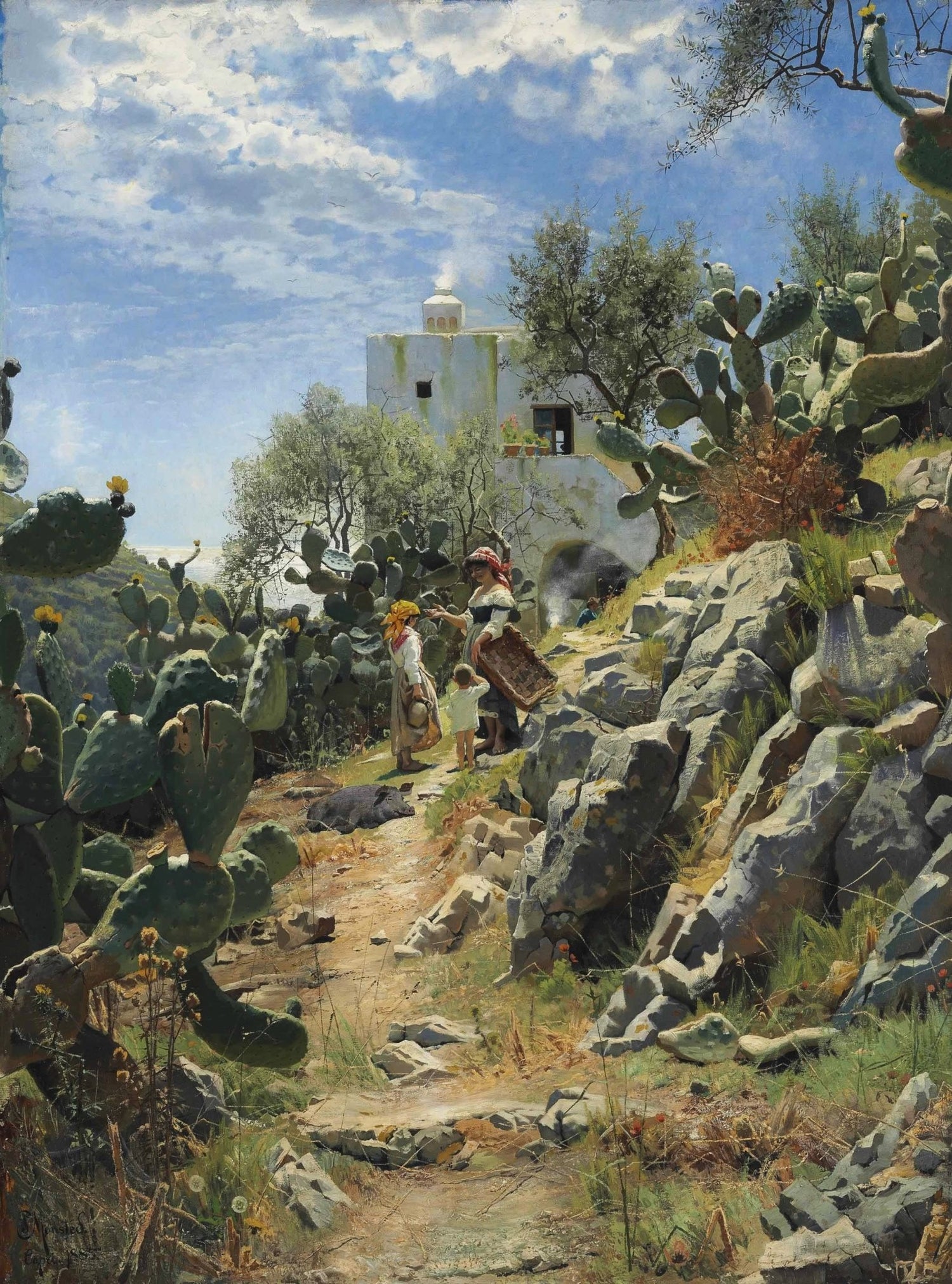 Landscape Oil Painting - Mediterranean Rural, Cacti & White Building - Oil Painting Haven