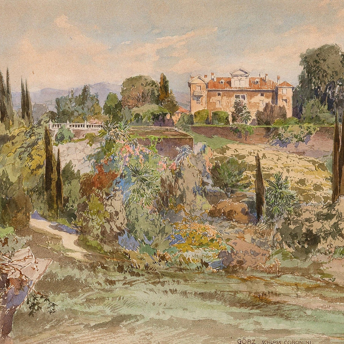 Hand-painted mediterranean villa and cypress view landscape oil painting on canvas