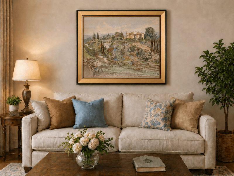 Peinture à l'huile de paysage - Gouffre rocheux spectaculaire avec personnages