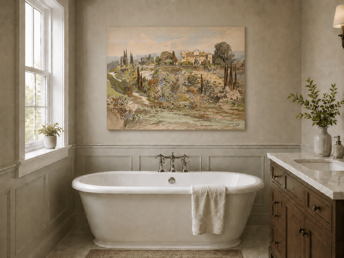 Peinture à l'huile de paysage - Gouffre rocheux spectaculaire avec personnages
