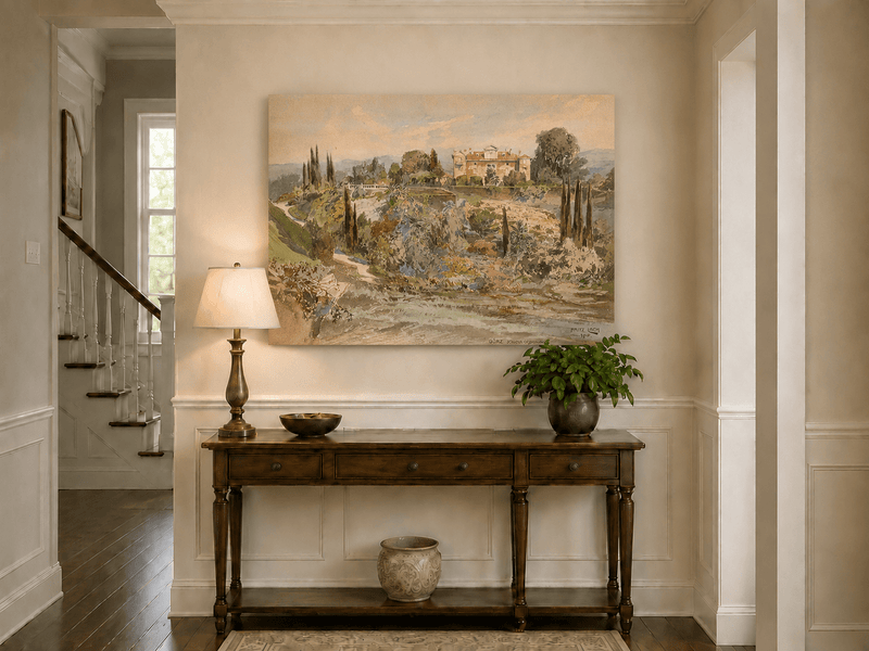 Peinture à l'huile de paysage - Gouffre rocheux spectaculaire avec personnages