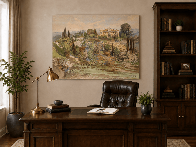 Peinture à l'huile de paysage - Gouffre rocheux spectaculaire avec personnages