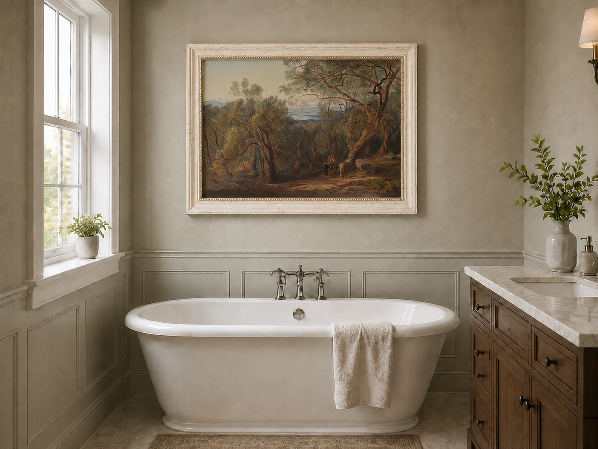 Hand-painted Mediterranean woodland, bay, fortress and figures landscape oil painting displayed in a bathroom interior above a bathtub.