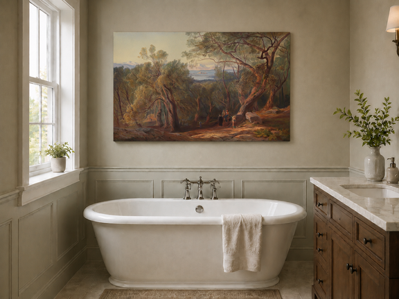 Hand-painted Mediterranean woodland, bay, fortress and figures landscape oil painting displayed in a bathroom interior above a bathtub.