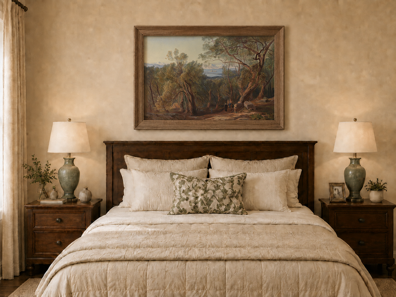 Hand-painted Mediterranean woodland, bay, fortress and figures landscape oil painting displayed above a bed in a bedroom interior.
