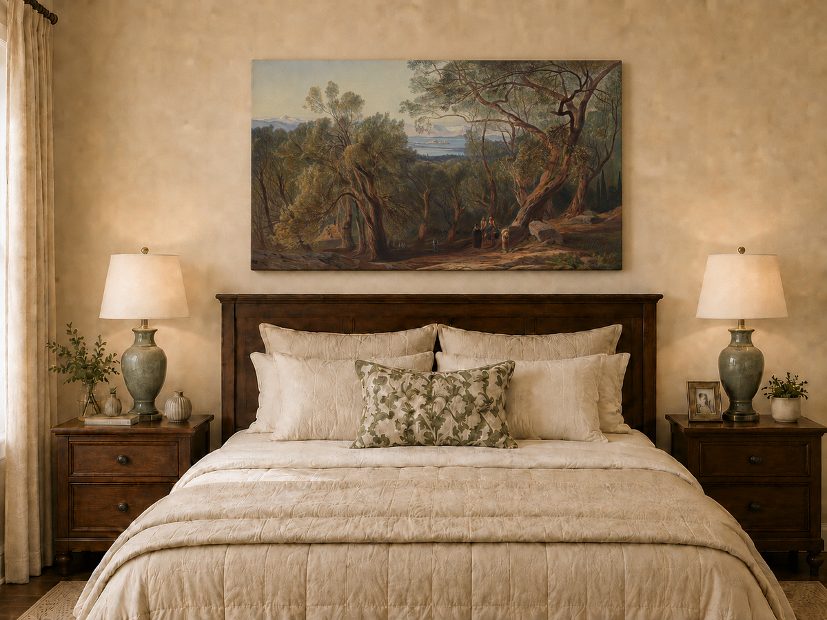 Hand-painted Mediterranean woodland, bay, fortress and figures landscape oil painting displayed above a bed in a bedroom interior.