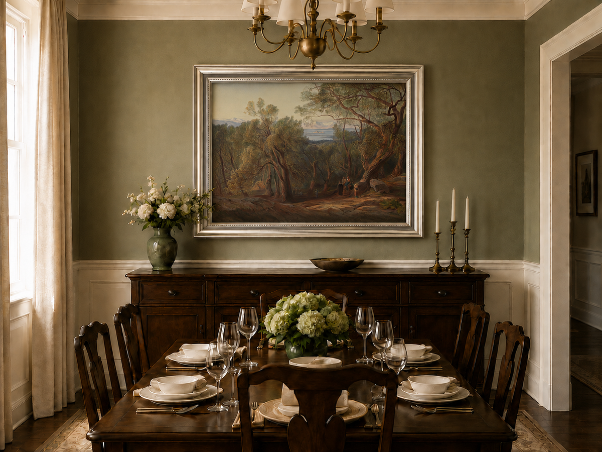 Hand-painted Mediterranean woodland, bay, fortress and figures landscape oil painting displayed in a dining room interior.