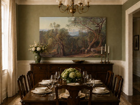 Hand-painted Mediterranean woodland, bay, fortress and figures landscape oil painting displayed in a dining room interior.